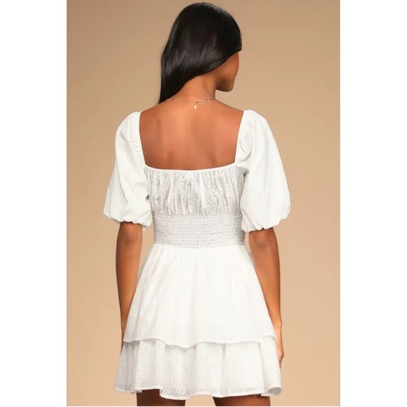 Lulus Tiers To Me White Puff Sleeve Tiered Dress Mini Skater M Off‎ The Shoulder - Picture 2 of 13